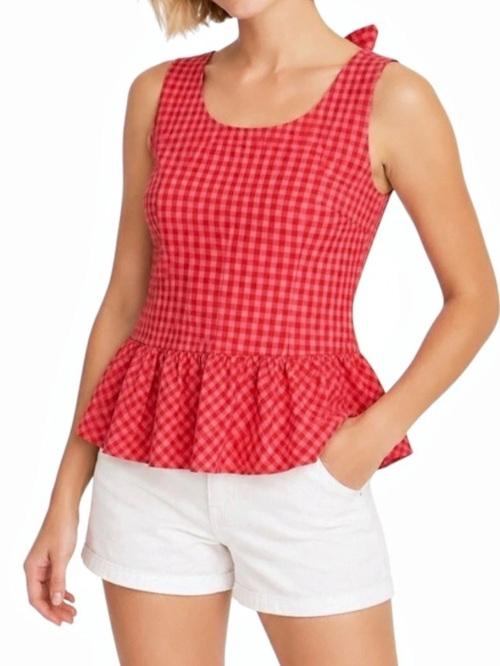 J.Crew Gingham Pink & Red Back Tie Sleeveless Peplum Tank